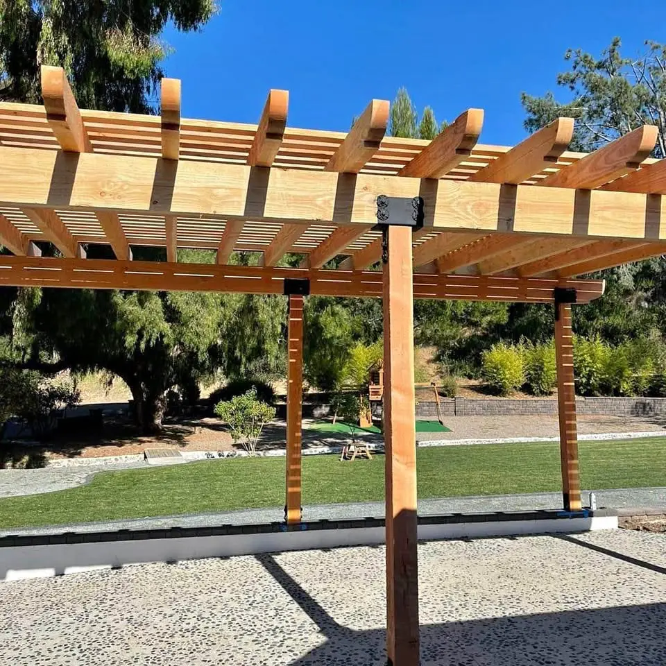 A wooden pergola stands on a concrete patio in a sunny backyard, with lush green grass, trees, and shrubs—expertly maintained by a professional landscaping service—set against a clear blue sky.